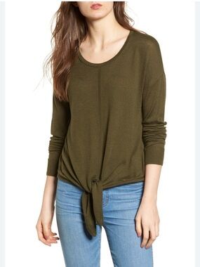 MADEWELL L Olive long sleeve crew neck lightweight tie front top casual boho